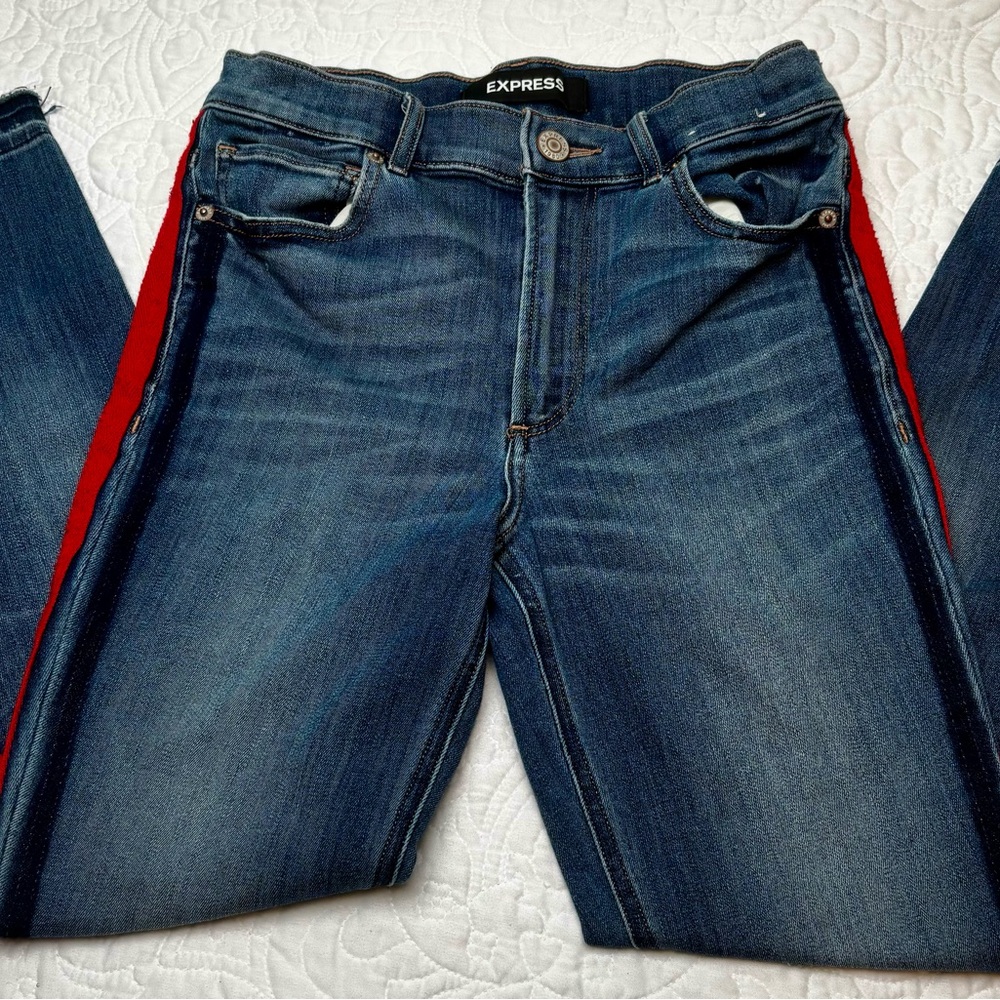 Express Stretch Ankle Legging High Rise Jeans Women's 4R, Red Stripe On Sides